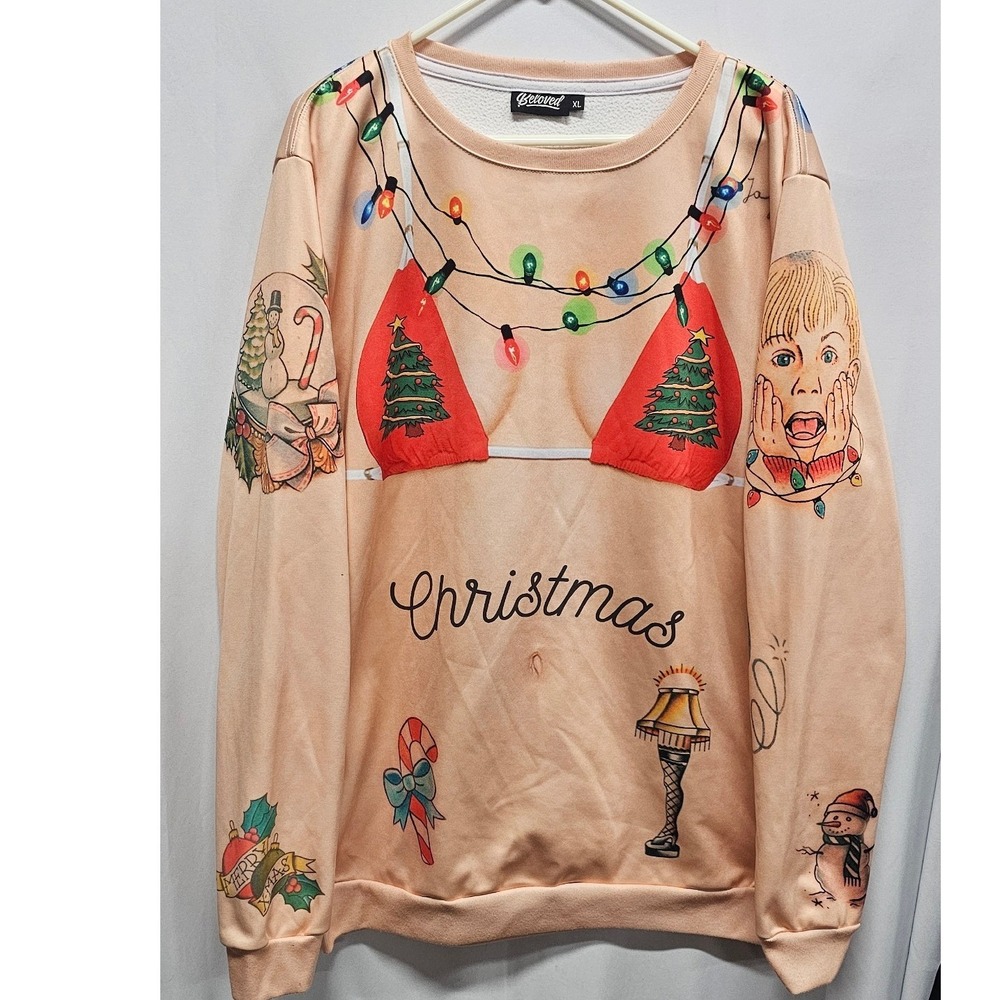 Beloved Christmas Tattoo Bikini Ugly Sweater Sweatshirt Home Alone Leg Lamp XL